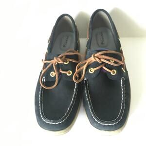 Sperry Top Siders Size 8.5 M Womens Leather Madras Plaid Navy Blue